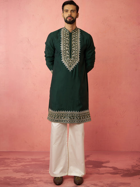 Men's Bottle Green Chanderi Kurta Set with Cream Pant