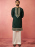 Men's Bottle Green Chanderi Kurta Set with Cream Pant