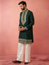 Men's Bottle Green Chanderi Kurta Set with Cream Pant