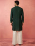 Men's Bottle Green Chanderi Kurta Set with Cream Pant