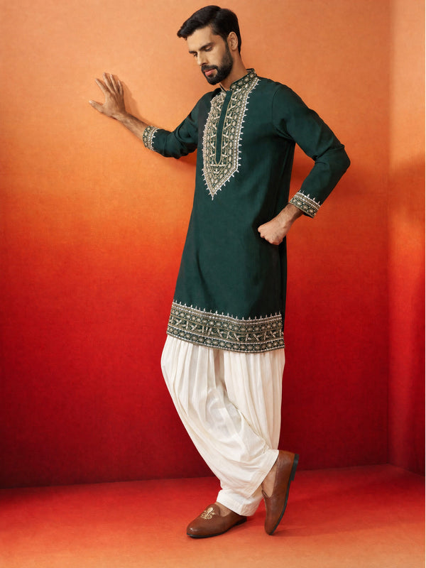 Men Dark Green Chanderi Kurta with Patiala Festive Ethnic Wear