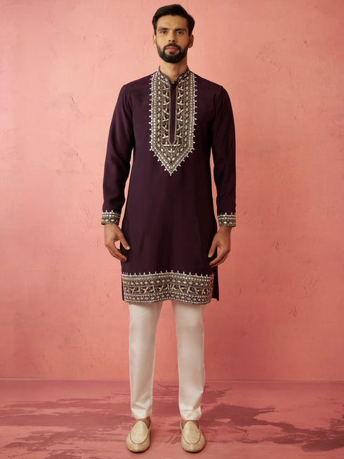 Men's Purple Chanderi Kurta Set with Cream Pyjama