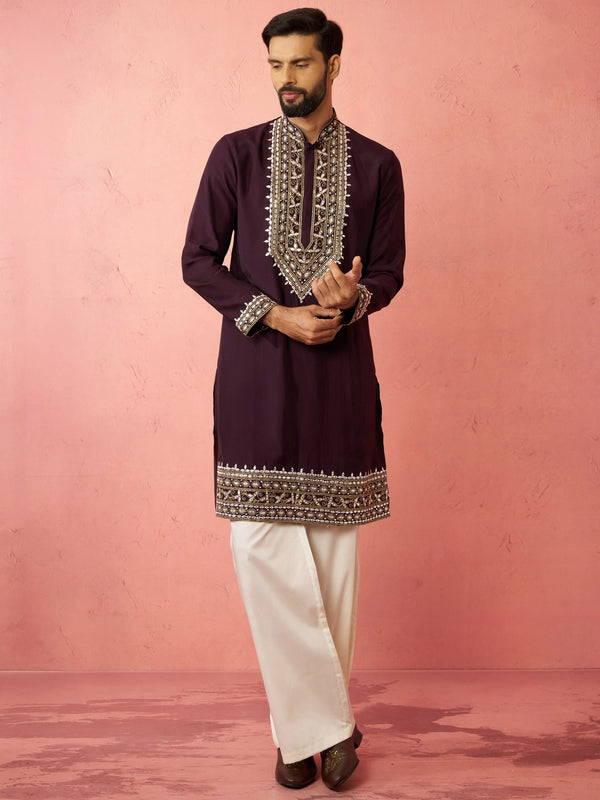 Men's Purple Chanderi Kurta Set with Cream Pant