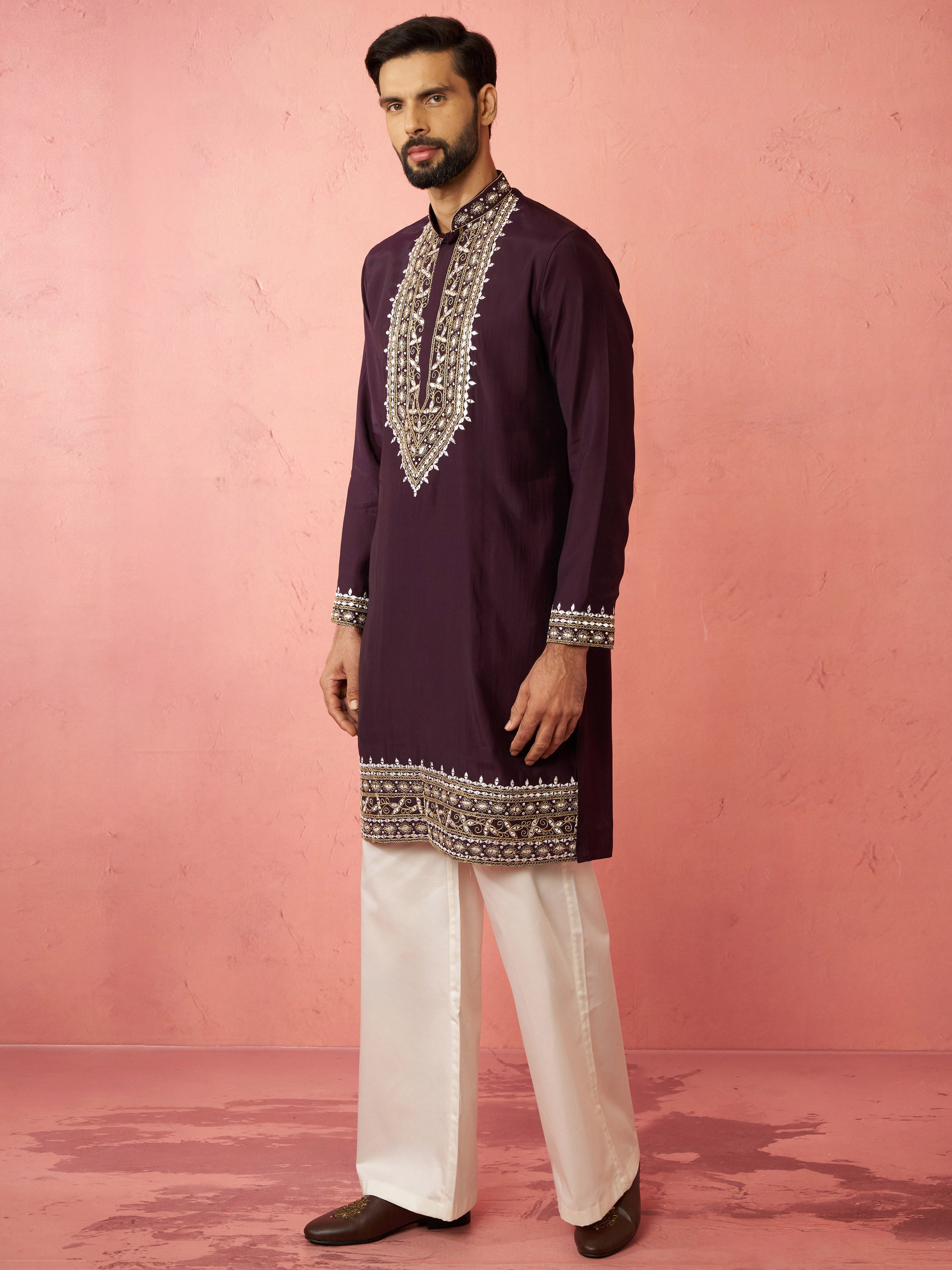 Men's Purple Chanderi Kurta Set with Cream Pant
