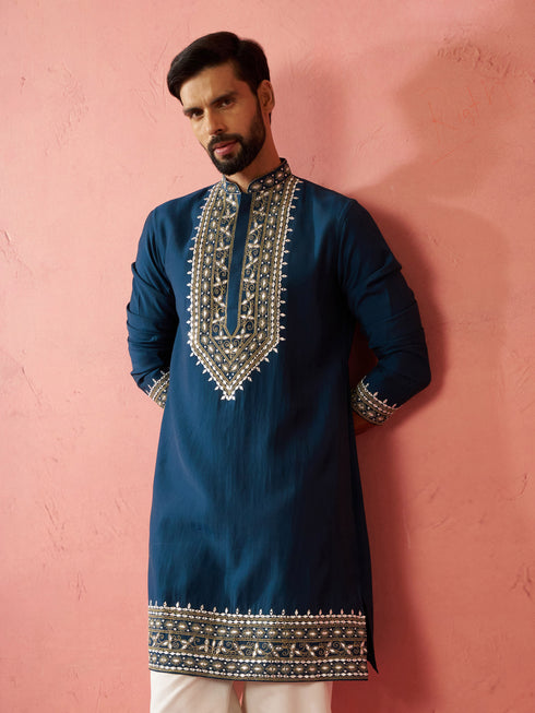 Men's Turquoise Green Modal Chanderi Kurta