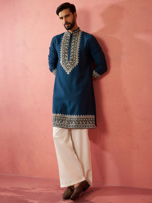 Men's Turquoise Green Modal Chanderi Kurta