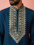 Men's Turquoise Chanderi Kurta Set with Cream Pyjama