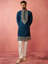 Men's Turquoise Chanderi Kurta Set with Cream Pyjama