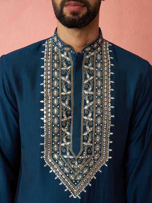 Men's Turquoise Chanderi Kurta Set with Cream Pant