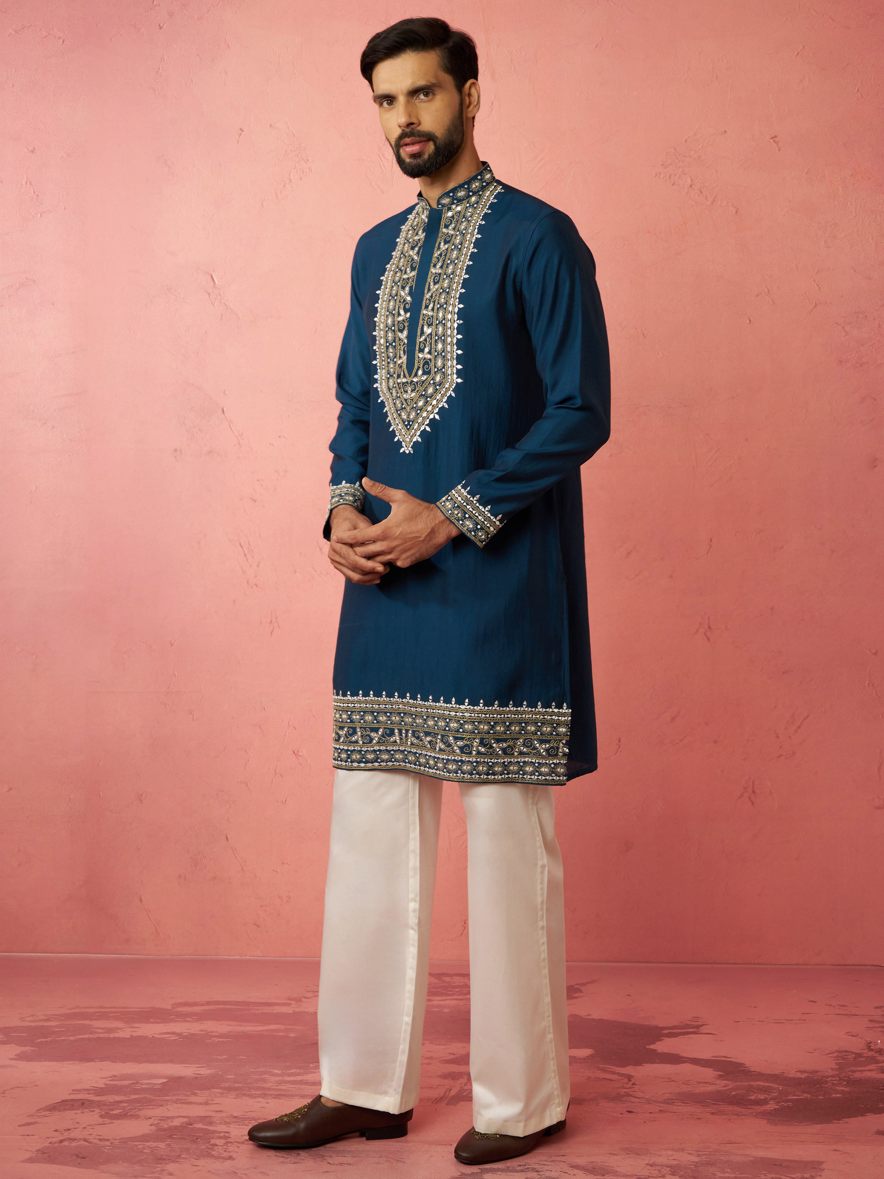 Men's Turquoise Chanderi Kurta Set with Cream Pant