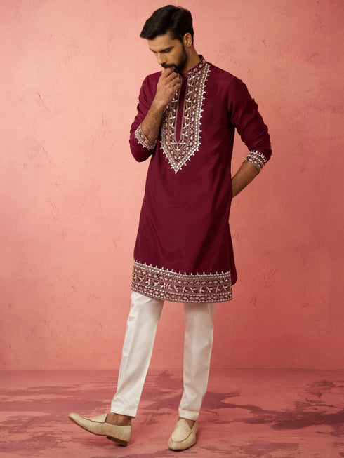 Men's Wine Modal Chanderi Kurta