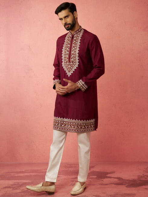 Men's Wine Chanderi Kurta Set with Cream Pyjama