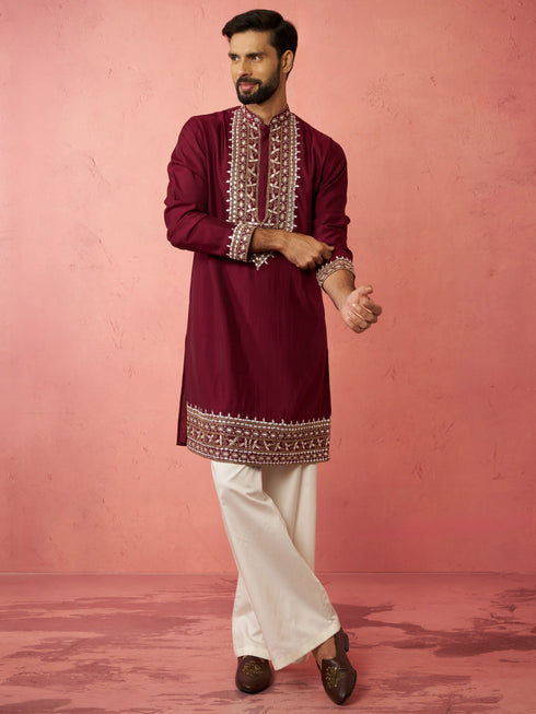 Men's Wine Chanderi Kurta Set with Cream Pant