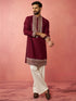 Men's Wine Chanderi Kurta Set with Cream Pant