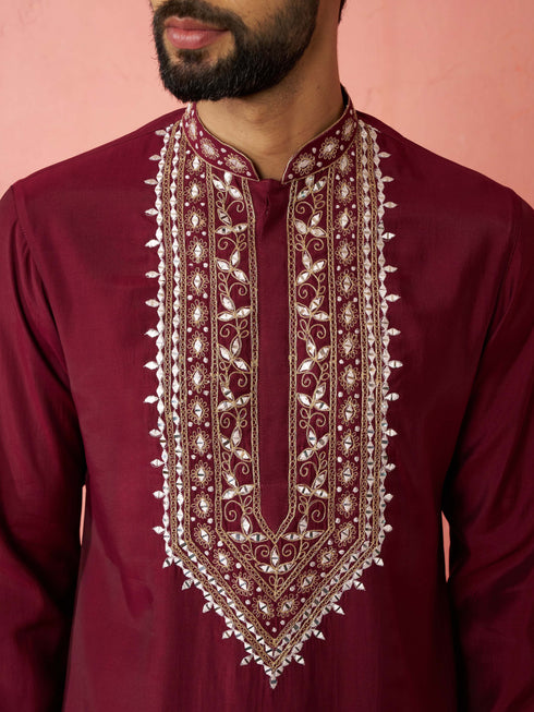 Men's Wine Chanderi Kurta Set with Cream Pant