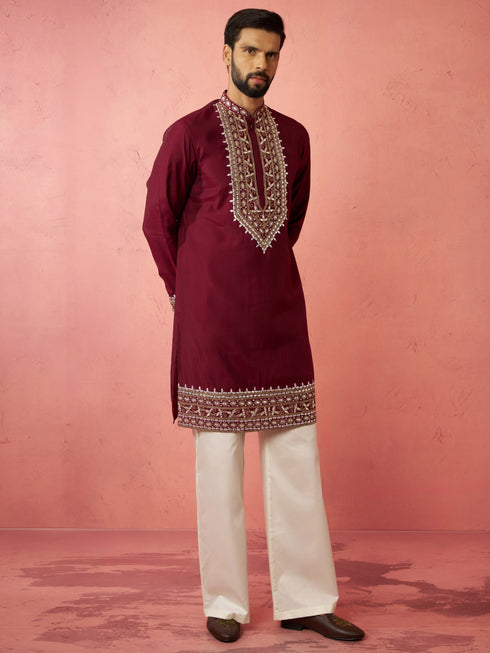 Men's Wine Chanderi Kurta Set with Cream Pant