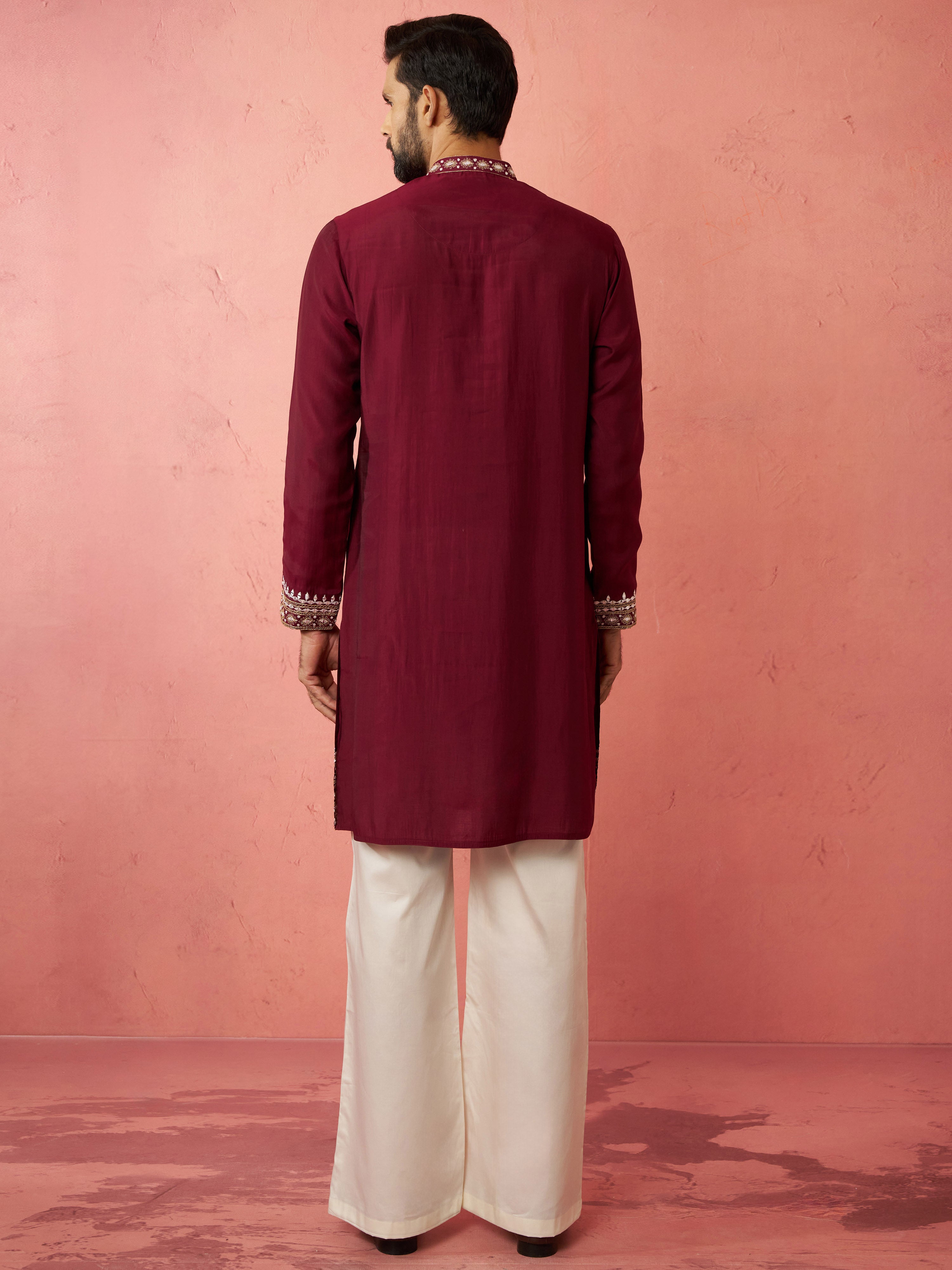 Men's Wine Chanderi Kurta Set with Cream Pant