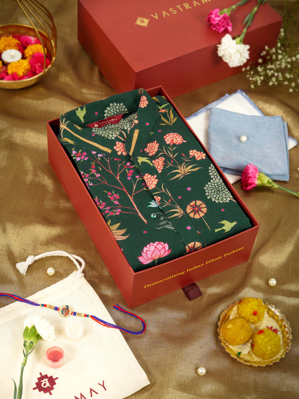 Men's Bottle Green Digital Print Kurta Rakhi Gift Box for Brother | Includes Rakhi & Premium Gift Box