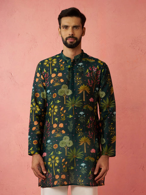 Men's Bottle Green Digital Print Kurta