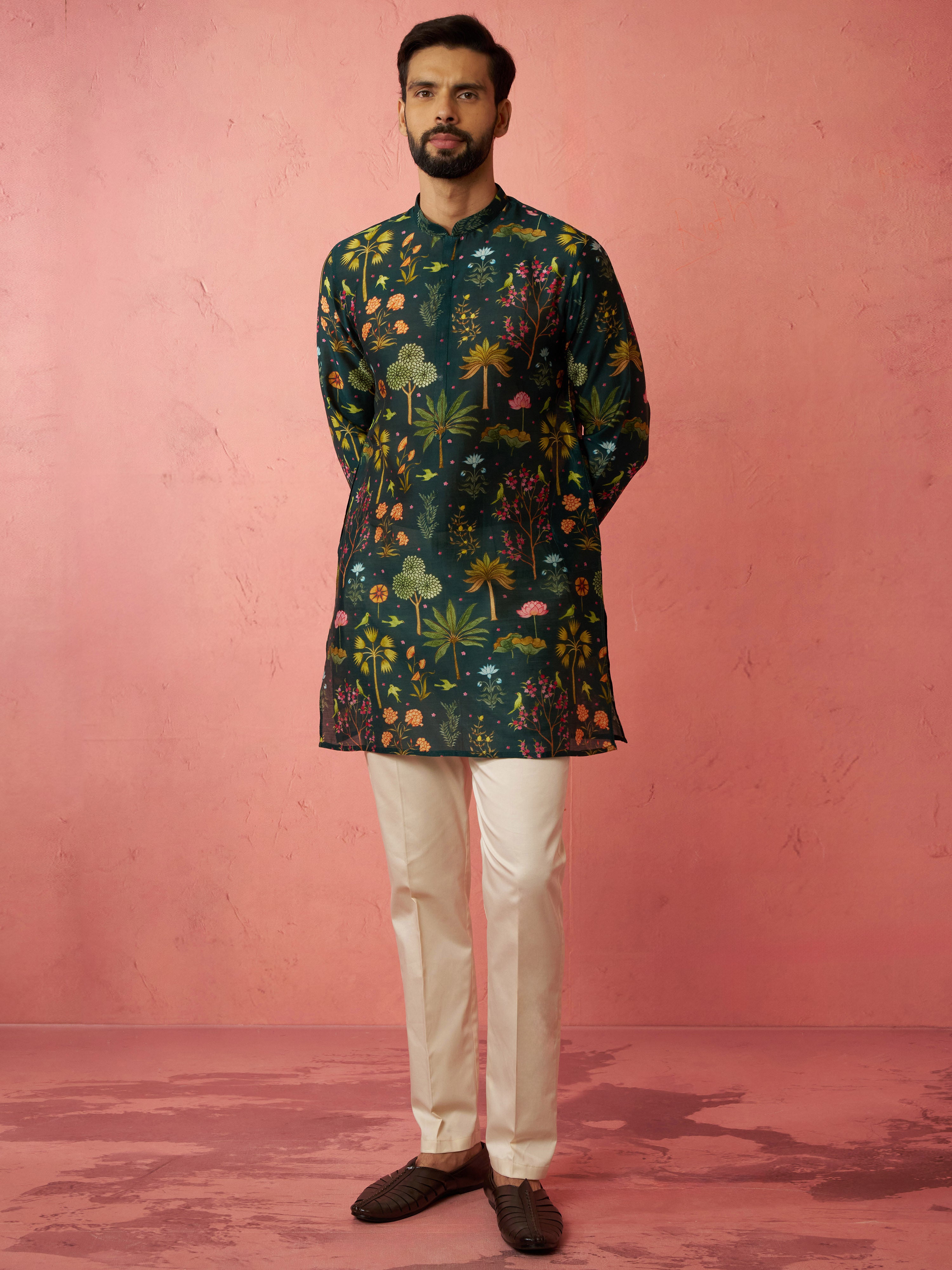 Men's Bottle Green Digital Print Kurta with Cotton Pyjama Set