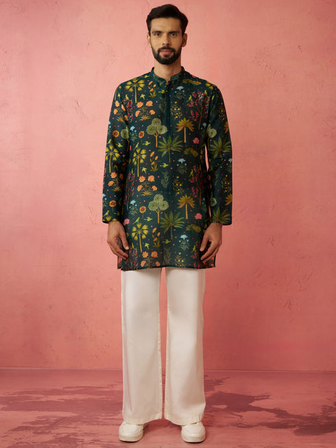 Men's Bottle Green Digital Print Kurta with Cream Satin Palazzo Set