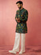 Men's Bottle Green Digital Print Kurta with Cream Satin Palazzo Set