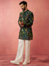 Men's Bottle Green Digital Print Kurta with Cream Satin Palazzo Set