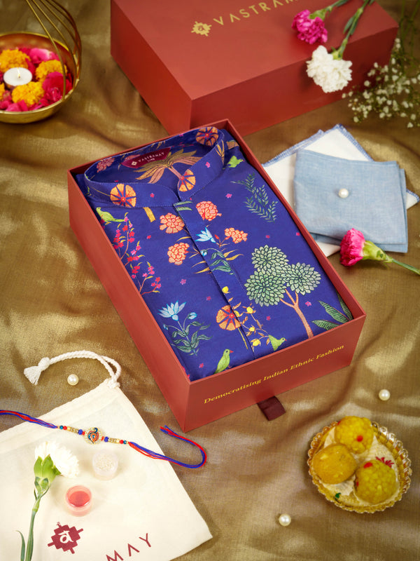 Men's Blue Digital Print Kurta Rakhi Gift Box for Brother | Premium Raksha Bandhan Gift