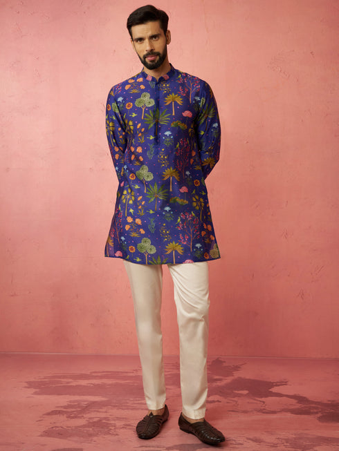 Men's Blue Digital Print Kurta with Cotton Lycra Pyjama Set