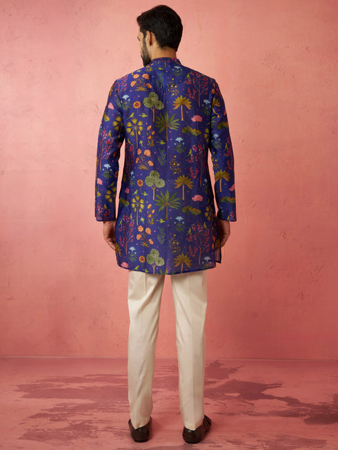 Men's Blue Digital Print Kurta with Cotton Lycra Pyjama Set