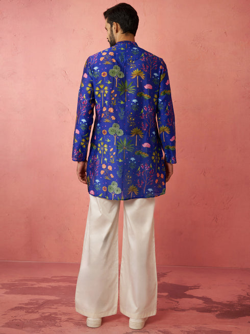 Men's Blue Digital Print Kurta with Cream Satin Palazzo