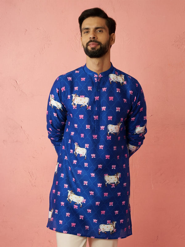 Men's Rayon Full Slevee Blue Kurta