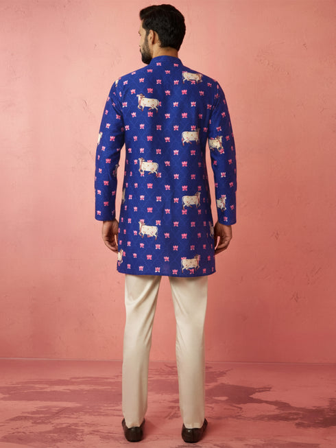 Men's Blue Digital Print Kurta with Cream Cotton Pyjama
