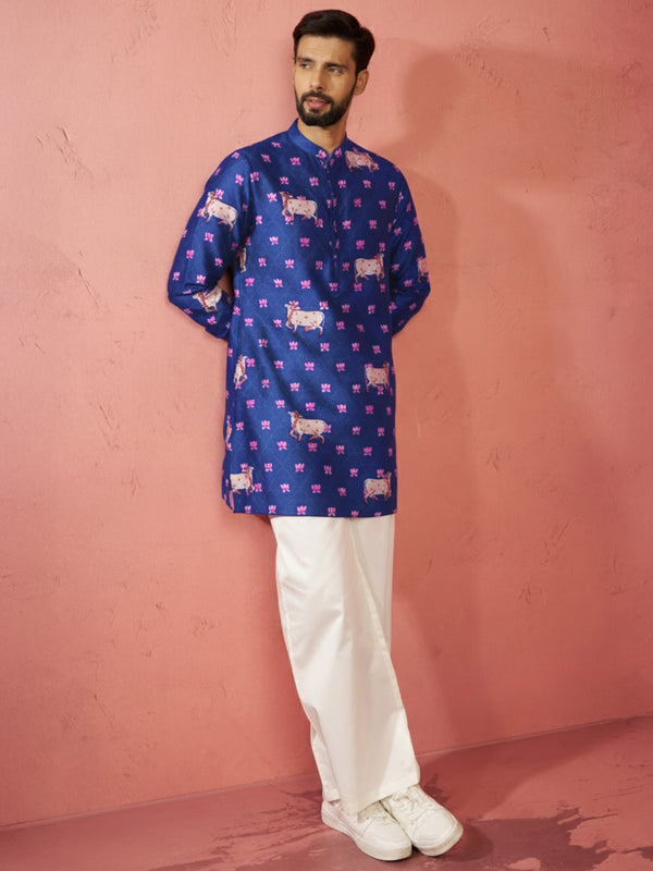 Men's Blue Digital Print Kurta with Cream Satin Palazzo