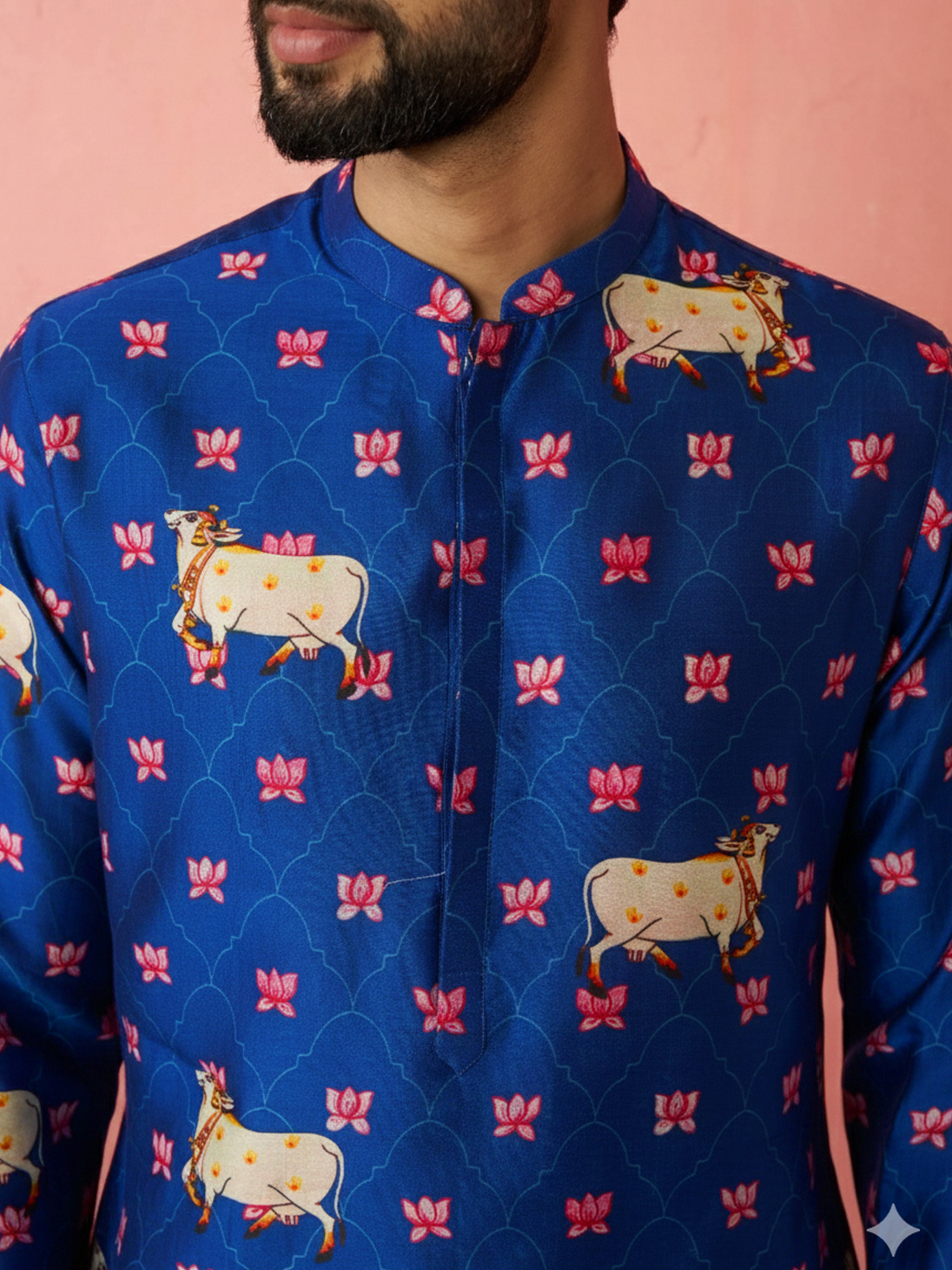 Men's Blue Digital Print Kurta with Cream Satin Palazzo