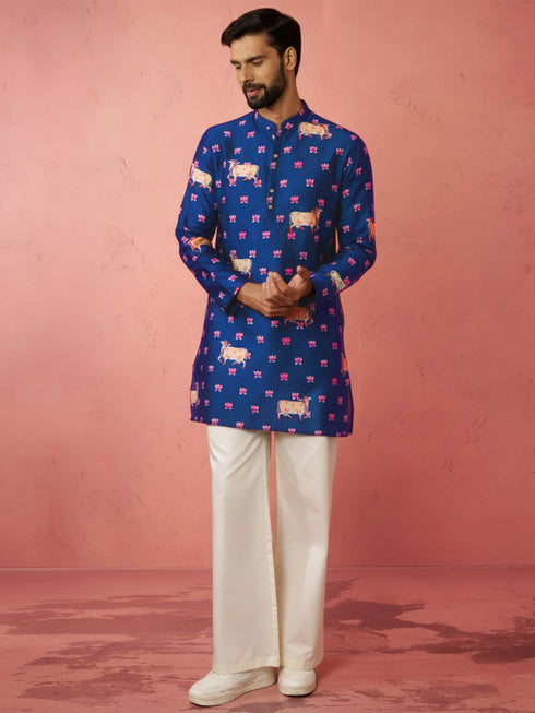 Men's Blue Digital Print Kurta with Cream Satin Palazzo