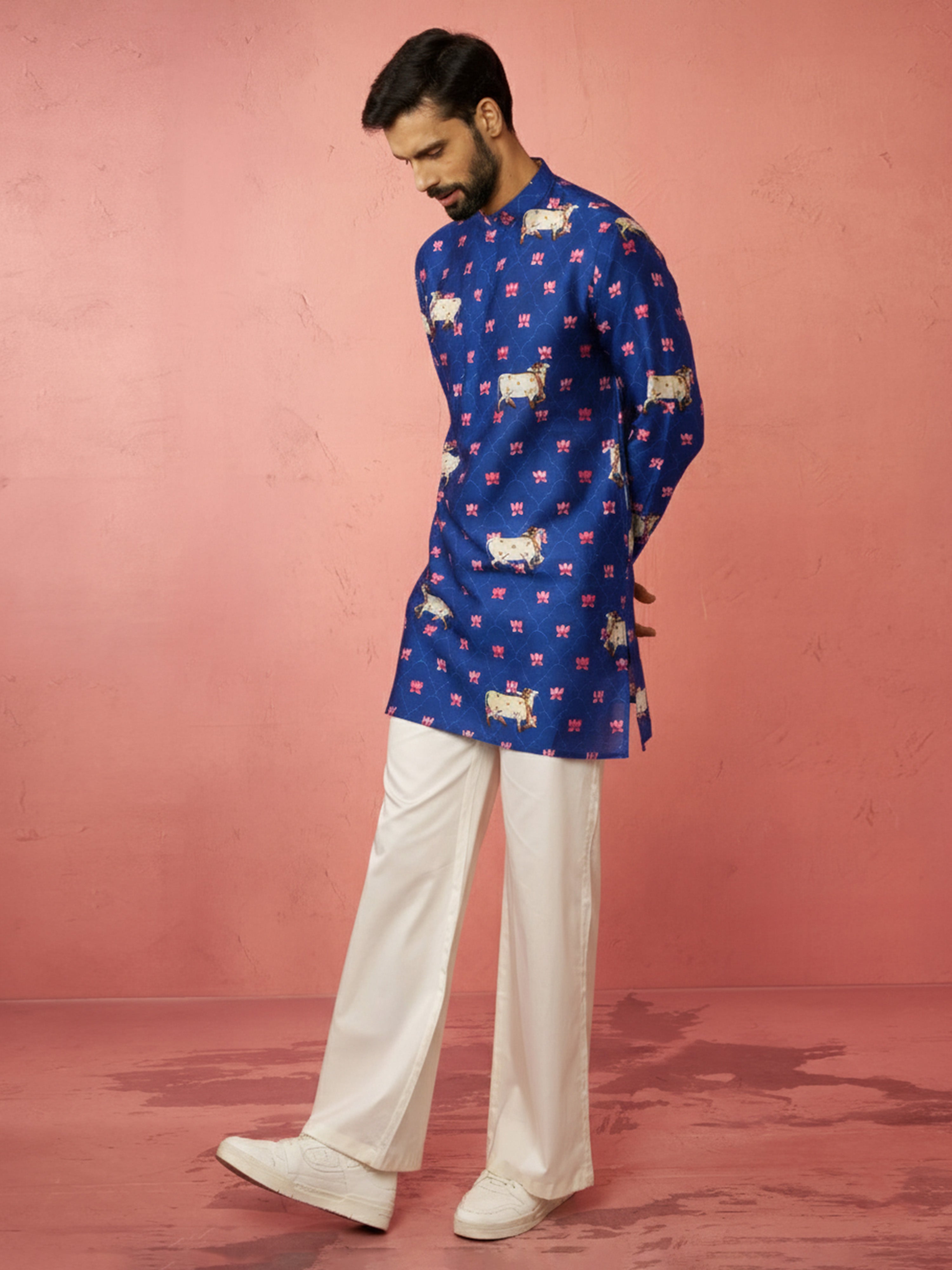 Men's Blue Digital Print Kurta with Cream Satin Palazzo
