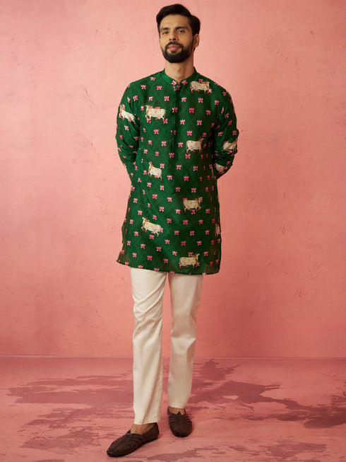 Men's Green Digital Print Kurta with Cotton Pyjama