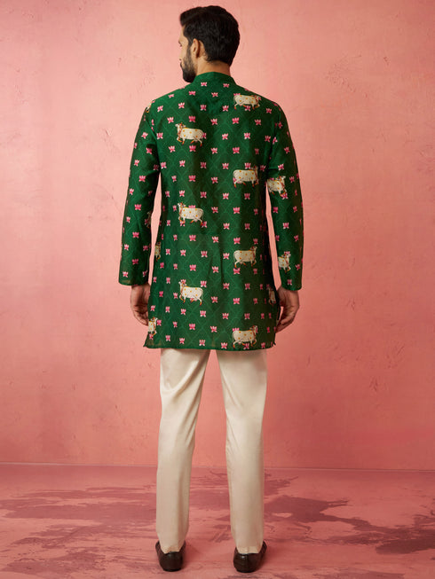 Men's Green Digital Print Kurta with Cotton Pyjama