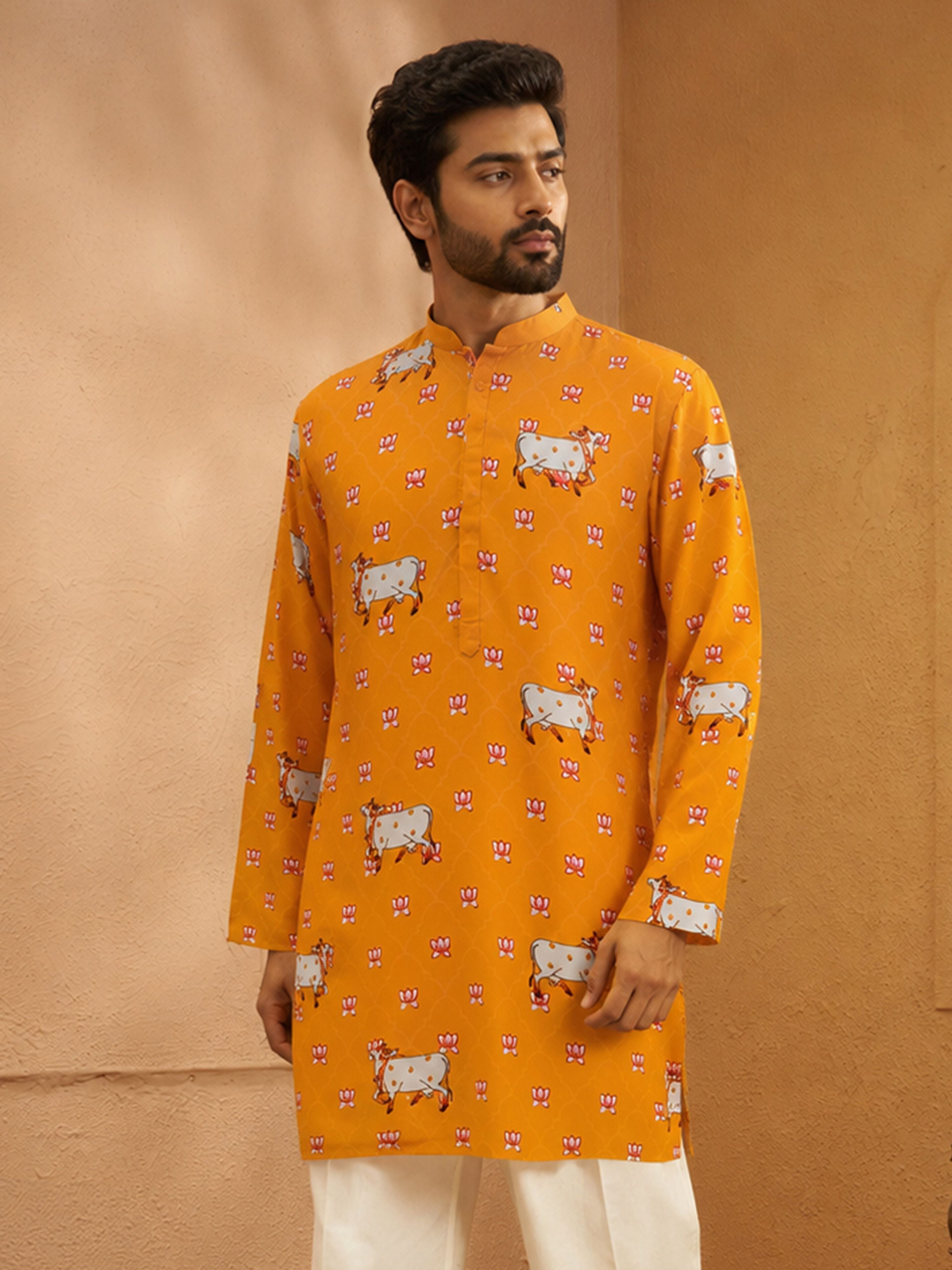 Men Mustard Abstract Printed Mandarin Collar Thigh Length Kurta