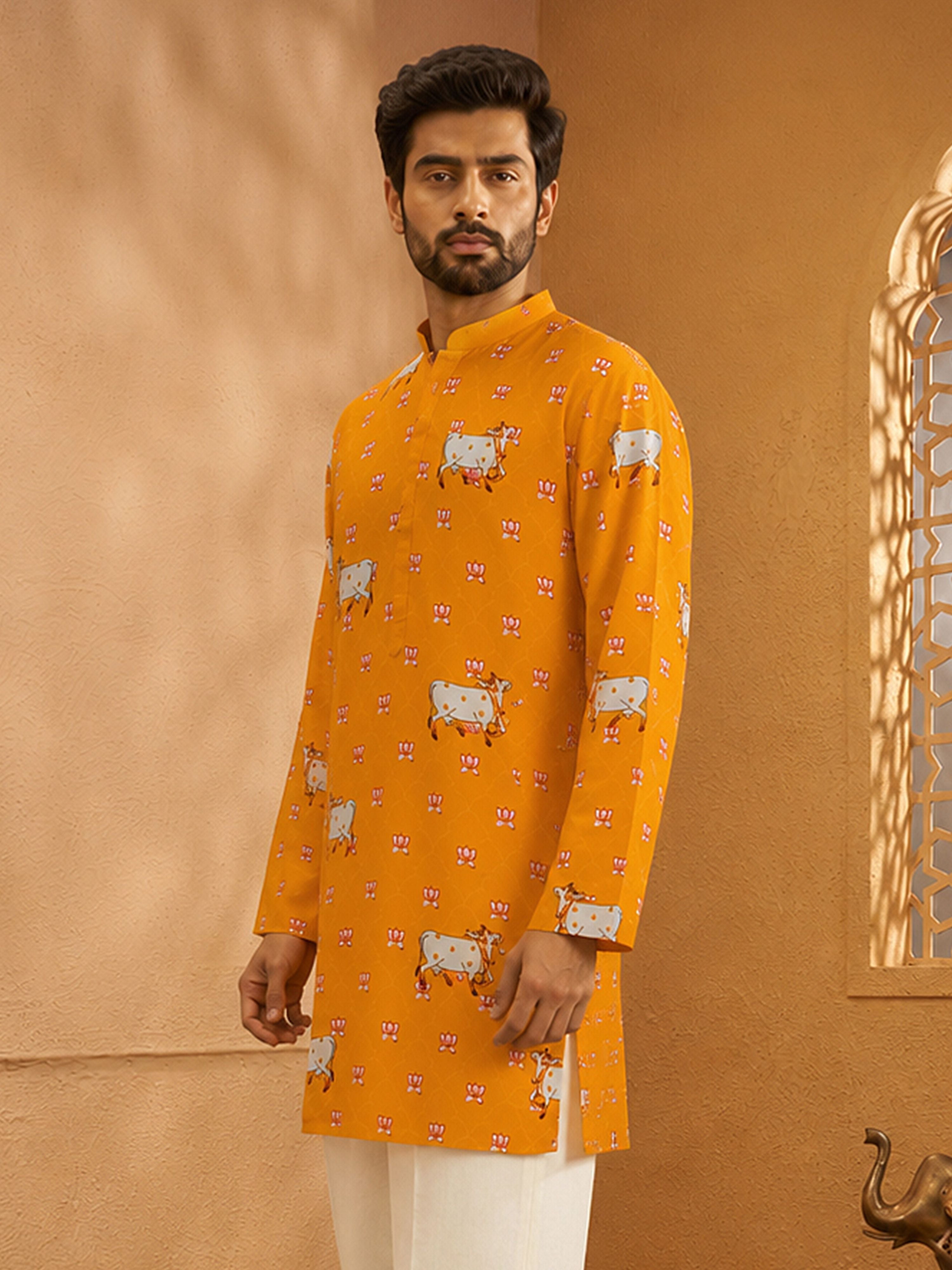 Men's Mustard Woven Fabric Printed Thigh Length Kurta