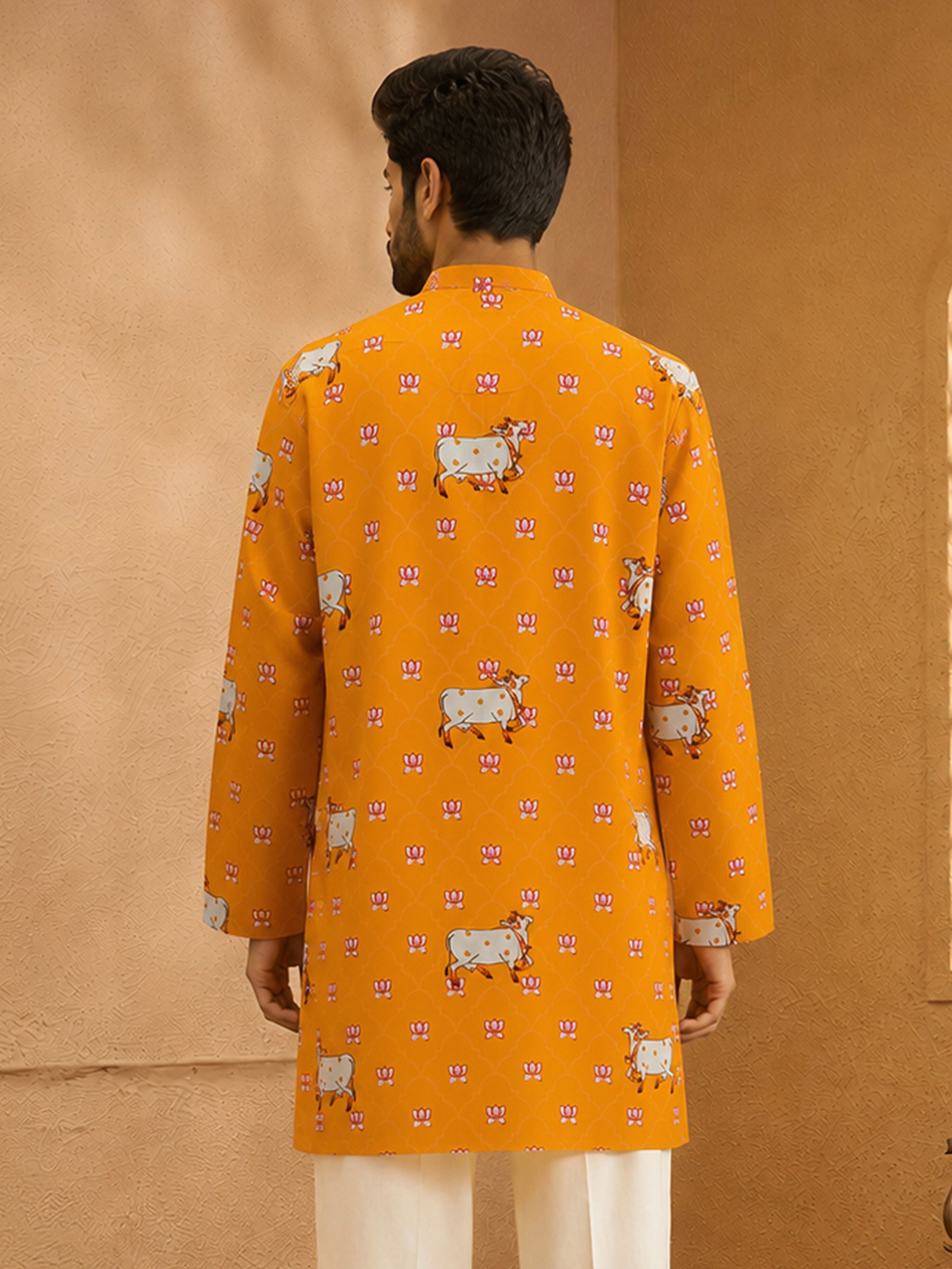 Men's Mustard Woven Fabric Printed Thigh Length Kurta