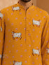 Men's Mustard Cotton-Blend Printed Thigh Length Kurta With Straight Pant