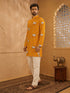 Men's Mustard Cotton-Blend Printed Thigh Length Kurta With Straight Pant