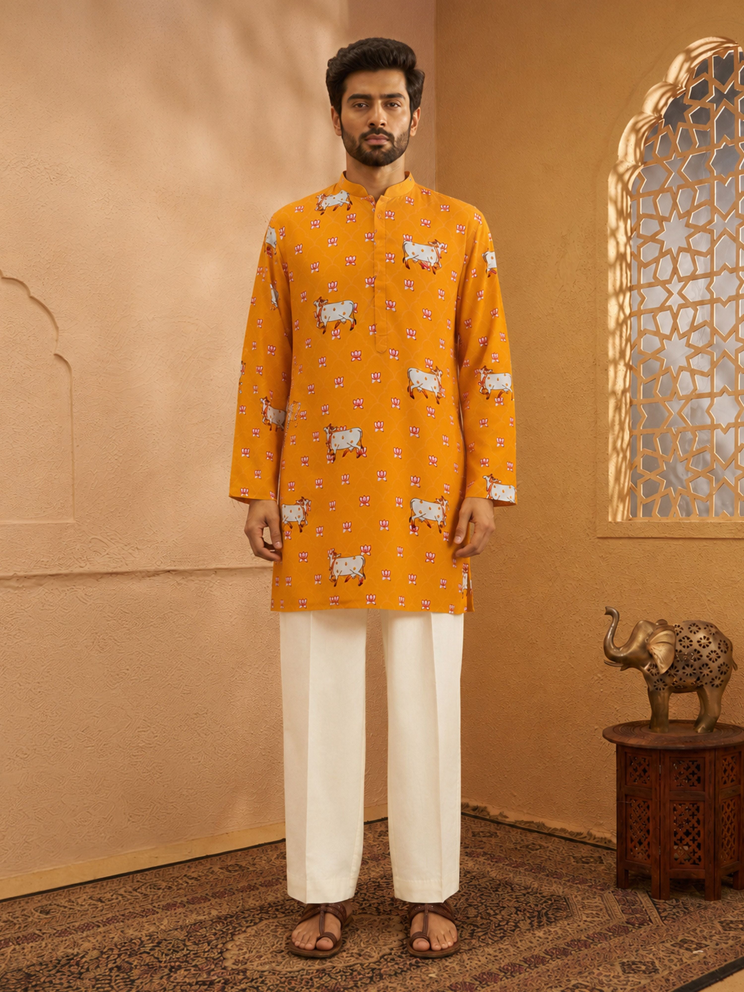Men's Mustard Satin Printed Thigh Length Kurta With Wide Leg Pant