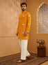 Men's Mustard Satin Printed Thigh Length Kurta With Wide Leg Pant
