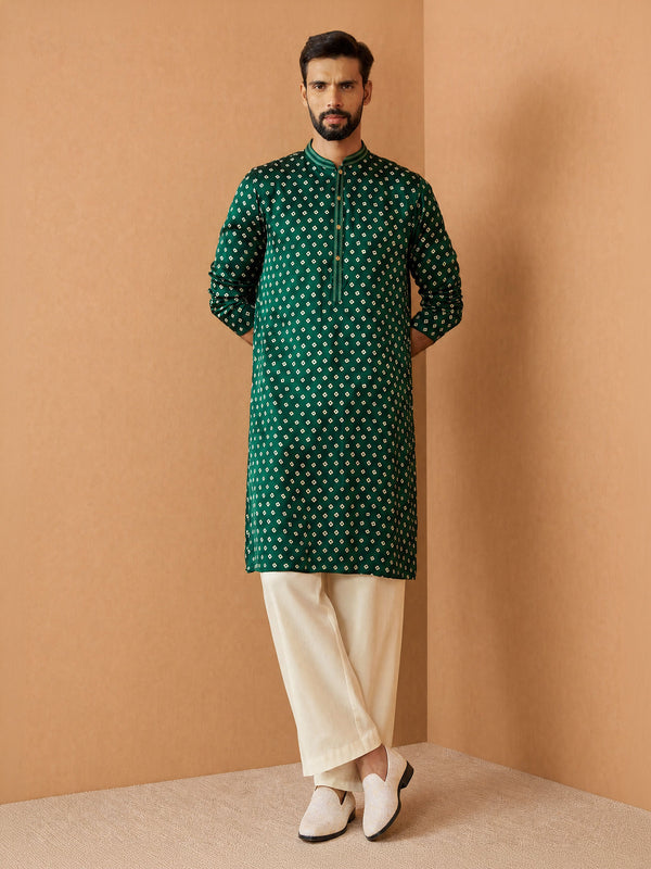 Men Dark Green Silk Blend Kurta with Wide leg Pant Festive Ethnic Wear