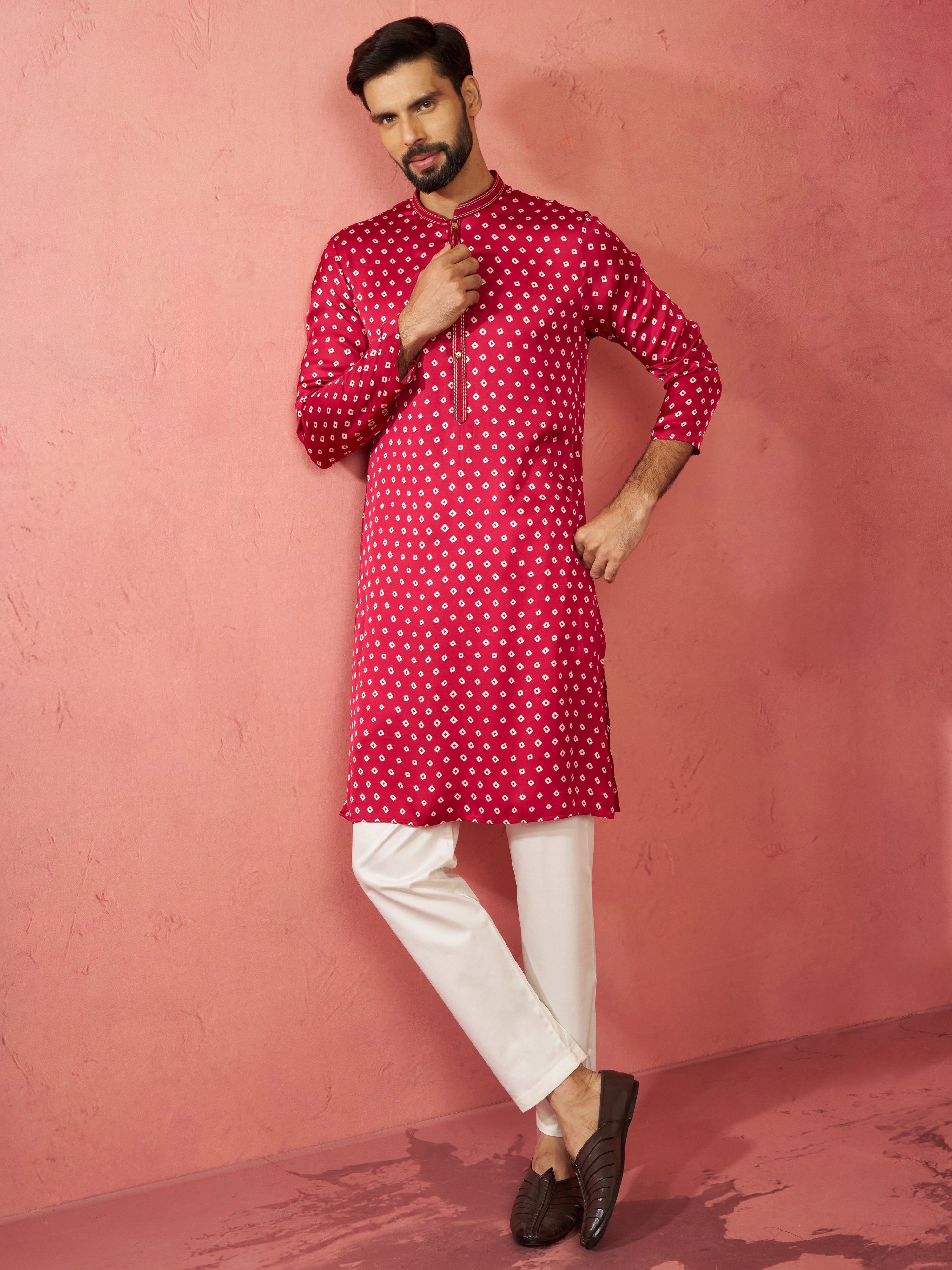 Men's Falsa Digital Print Long Kurta with Cream Satin Pyjama Set