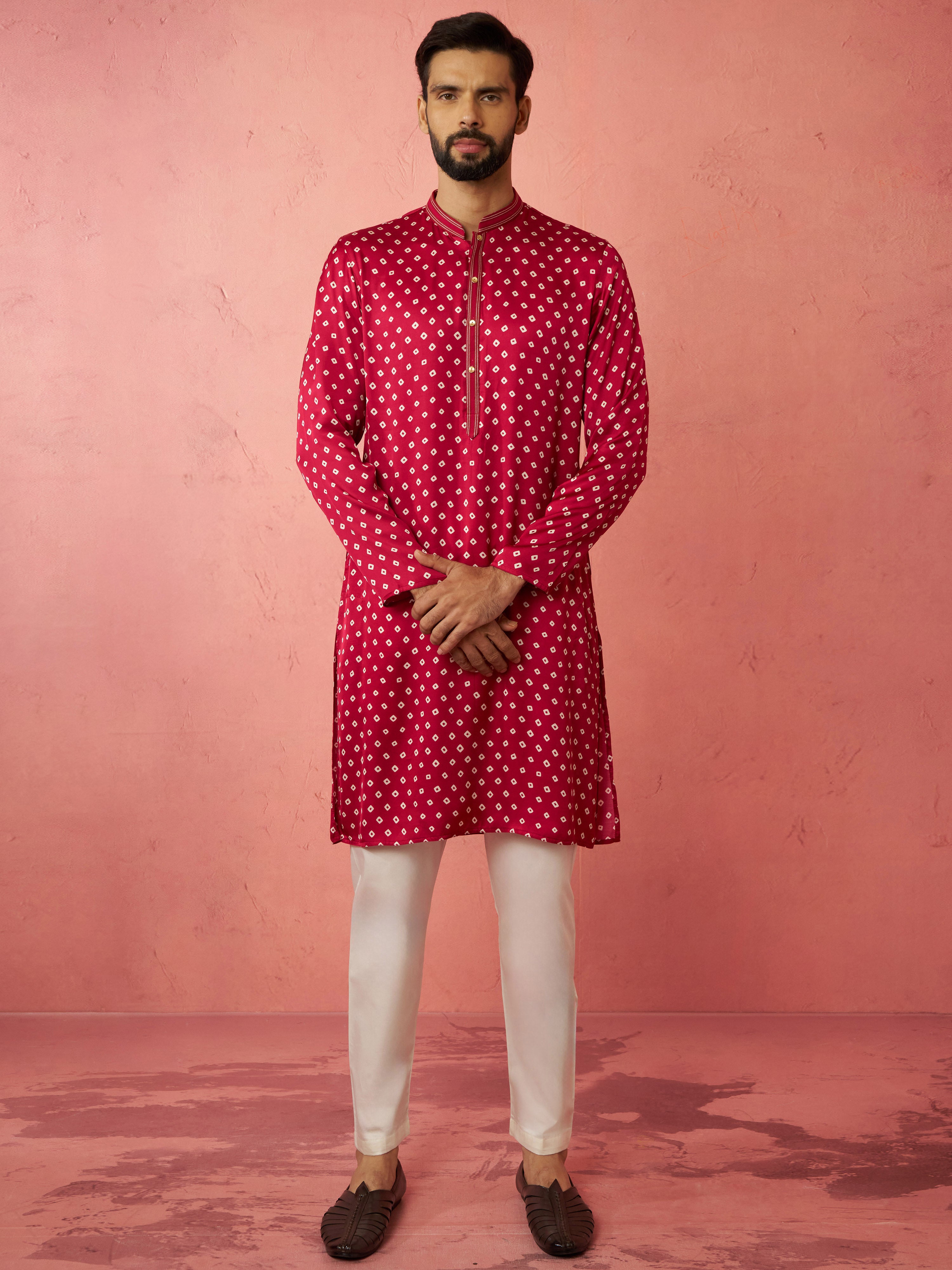 Men's Falsa Digital Print Long Kurta with Cream Satin Pyjama Set