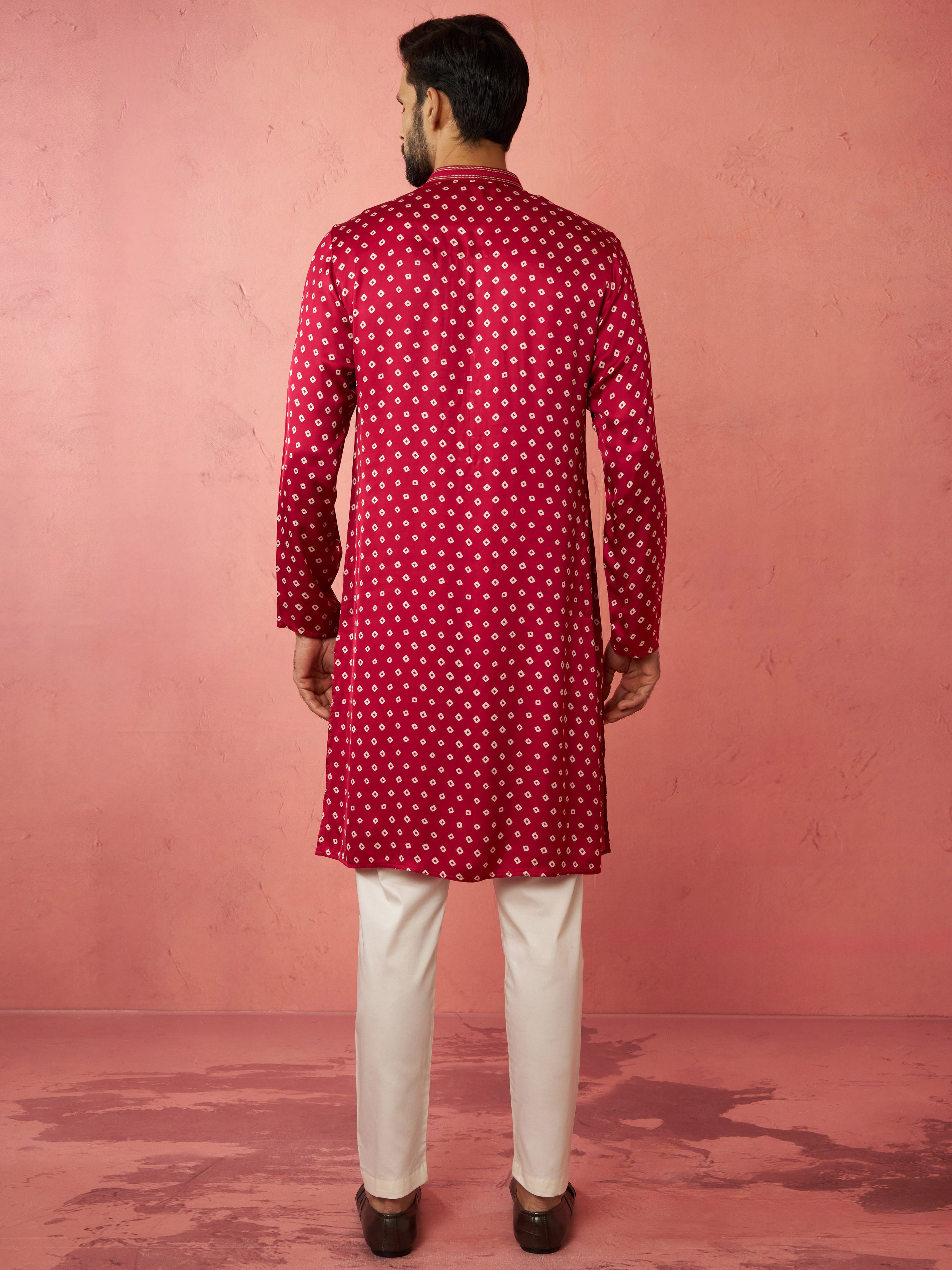 Men's Falsa Digital Print Long Kurta with Cream Satin Pyjama Set